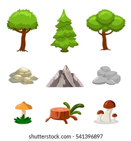 Cartoon nature landscape elements set, trees, stones and grass clip art, isolated on white background. Flat and cartoon style. Vector illustration.