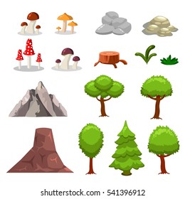 Cartoon nature landscape elements set, trees, stones and grass clip art, isolated on white background. Flat and cartoon style. Vector illustration.