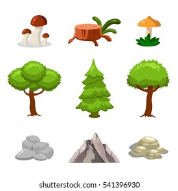 Cartoon nature landscape elements set, trees, stones and grass clip art, isolated on white background. Flat and cartoon style. Vector illustration.