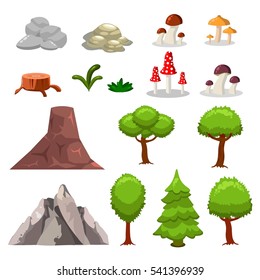 Cartoon nature landscape elements set, trees, stones and grass clip art, isolated on white background. Flat and cartoon style. Vector illustration.
