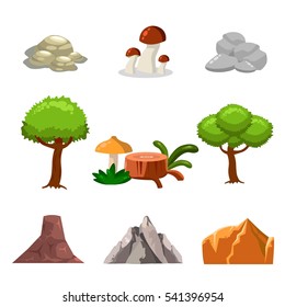 Cartoon nature landscape elements set, trees, stones and grass clip art, isolated on white background. Flat and cartoon style. Vector illustration.