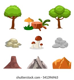 Cartoon nature landscape elements set, trees, stones and grass clip art, isolated on white background. Flat and cartoon style. Vector illustration.