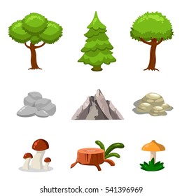 Cartoon nature landscape elements set, trees, stones and grass clip art, isolated on white background. Flat and cartoon style. Vector illustration.