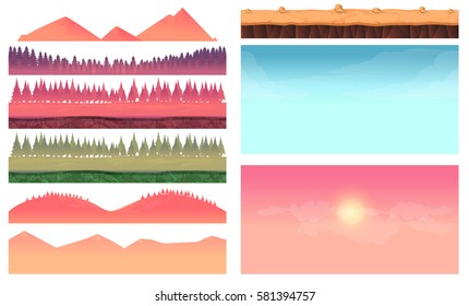 Cartoon nature landscape elements set, platform, trees, sky, hills and forest clip art, isolated on white,2d game application