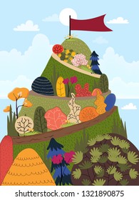 Cartoon Nature landscape in flat style. Mountain with flag on the top, Vector landscape. Colorful tree on mountain for Spring or Summer background