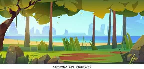 Cartoon nature landscape with forest and sea. Scenery summer background with ocean view through deciduous trees, rocks, grass and sunlight falling on on ground, wood natural scene, Vector illustration