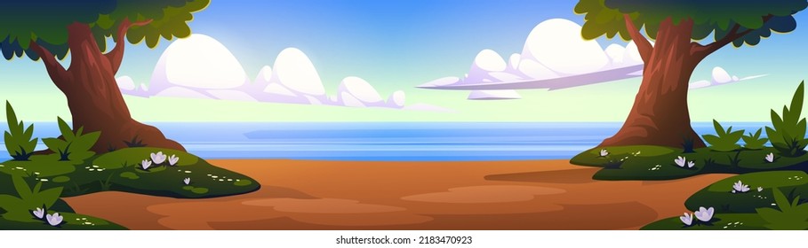 Cartoon nature landscape with forest trees and sea under blue sky with fluffy clouds. Scenery summer background with ocean view through deciduous wood and bushes, natural scene, Vector illustration