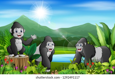 Cartoon Of The Nature Landscape With Gorilla Group