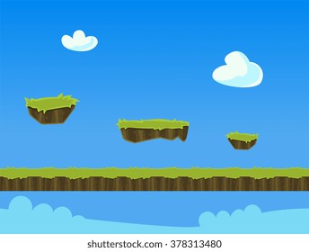 Cartoon Nature Landscape, with Grass and Cloud for Platform Games. Seamless Vector Illustration