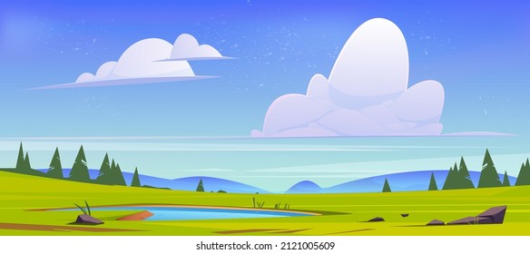 Cartoon nature landscape green field with pond, grass, rocks and conifers under blue sky with fluffy clouds. Picturesque scenery background, natural tranquil countryside scene, Vector illustration