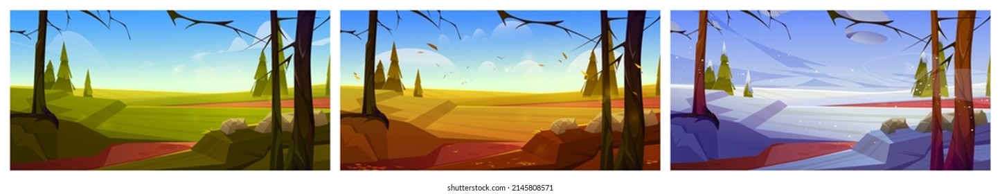 Cartoon nature landscape green field, conifers trees and rocks at summer, spring, autumn and winter season. Scenery backgrounds set of wild meadow or pasture with plants and stones Vector illustration