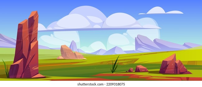 Cartoon nature landscape green field with grass and rocks under blue sky with fluffy clouds. Panoramic picturesque scenery game background, natural tranquil countryside scene, Vector illustration