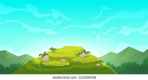 Cartoon nature landscape green hill and rocks under blue sky with clouds. Picturesque scenery background, natural tranquil summer scene green hillock with stones and grass, Vector illustration