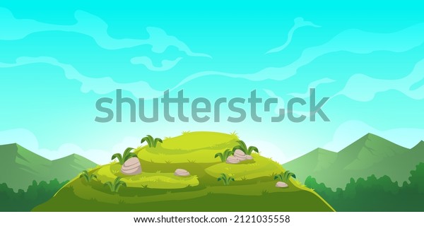 Cartoon nature landscape green hill and\
rocks under blue sky with clouds. Picturesque scenery background,\
natural tranquil summer scene green hillock with stones and grass,\
Vector illustration