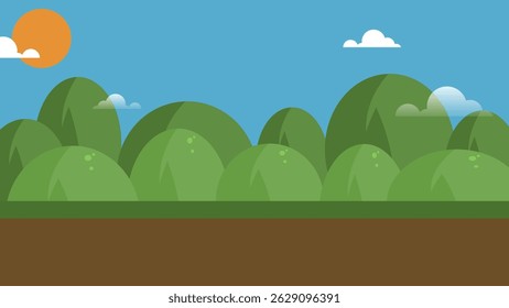 Cartoon Nature Landscape with Green Hills and Blue Sky in Flat Style