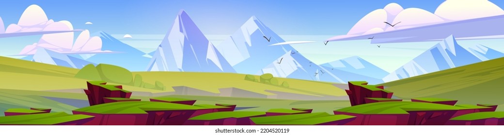 Cartoon nature landscape green valley with grass and rocks under blue sky with fluffy clouds and flying birds, picturesque scenery background, natural tranquil countryside scene, vector illustration