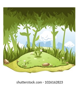 Cartoon Nature Landscape with Hill in center and forest background. High quality vector Illustration