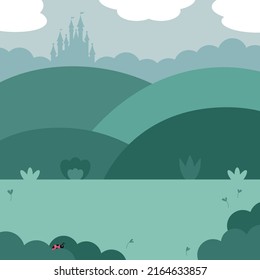 Cartoon nature landscape with hills, castle, sky and clouds. Flat style background for children books, fairy tale and banners. Vector illustration.