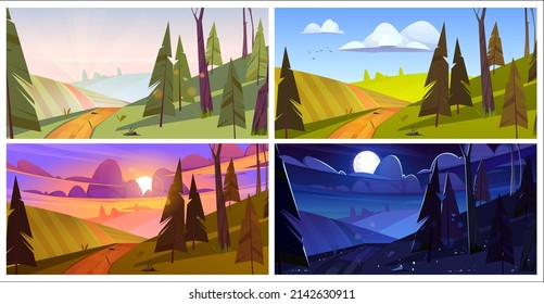 Cartoon nature landscape at morning, evening, night and day time. Rural dirt road going along green field with conifers trees. Path and spruces scenery wood, game backgrounds, vector illustration set