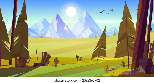 Cartoon nature landscape with mountain and field