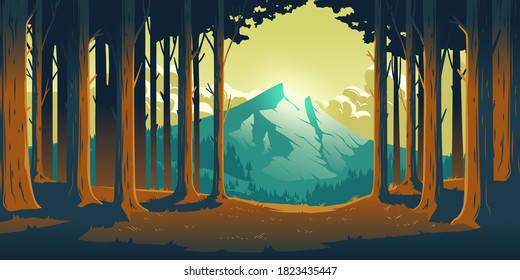 Cartoon nature landscape with mountain in forest deciduous trees trunks clearance. High rock and fluffy clouds, evening sunlight, scenery view background, summer or spring wood vector illustration