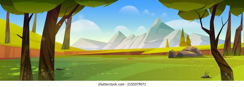 Cartoon nature landscape with mountains, green field, rocks and trees. Summer forest under blue sky with clouds, scenery view tranquil 2d game background, beautiful woodland, Vector illustration