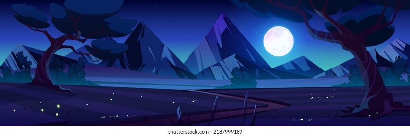 Cartoon nature landscape at night time. Rural dirt road going along dark field with deciduous trees and mountains view. Scenery game background, Vector illustration