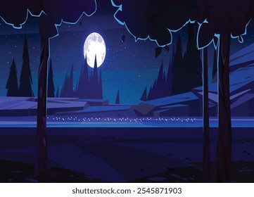 Cartoon nature landscape at night time. Rural dirt road going along dark field with deciduous trees and mountains view. Scenery game background, Vector illustration
