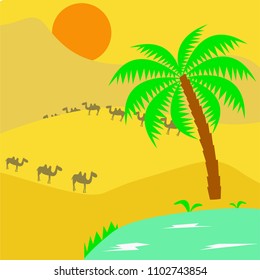 Cartoon nature landscape with  palm, oasis and  caravan of camels in the desert . Vector illustration