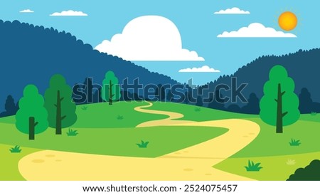 Cartoon nature landscape with road path. Beatiful nature concept.Mountainous road on summer bright sky