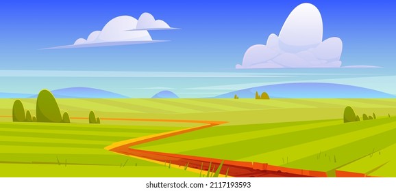 Cartoon nature landscape, rural dirt road going along green field with grass and bushes. Path under blue sky with fluffy clouds, scenery background for game, summer day view, Vector illustration