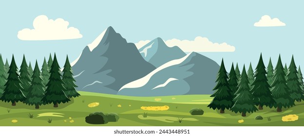 Cartoon nature landscape of spring meadows with flowers, forest trees, mountains on the horizon. Vector illustration.