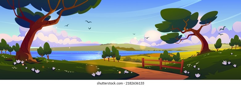 Cartoon nature landscape, summer day background with dirt road going along forest trees and green fields with flowers to clear lake under blue sky with fluffy clouds, scenery wood, Vector illustration