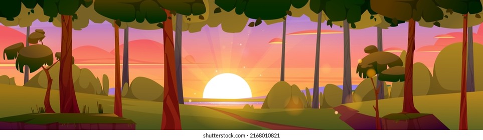 Cartoon nature landscape, summer evening forest panoramic background with narrow road going along green trees to lake shore. Path under pink dusk sky with sun shining, scenery wood Vector illustration
