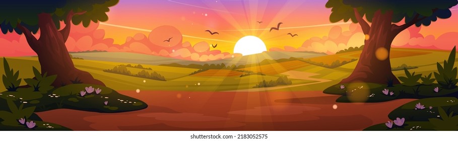 Cartoon nature landscape, summer evening forest panoramic background with green trees, pink blooming flowers and rural field under dusk sky with sun shining, scenery woodland, Vector illustration