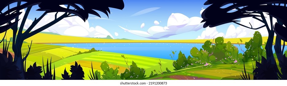 Cartoon nature landscape, summer forest panoramic background with lake, trees, bushes and green rural fields under blue sky with fluffy clouds, scenery woodland at day time, Vector illustration