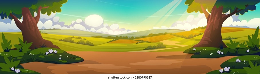 Cartoon nature landscape, summer sunny forest panoramic background with green trees, white blooming flowers and rural field under blue sky with sun beams, scenery woodland, Vector illustration