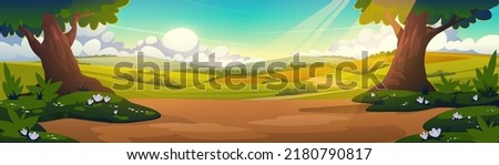 Cartoon nature landscape, summer sunny forest panoramic background with green trees, white blooming flowers and rural field under blue sky with sun beams, scenery woodland, Vector illustration
