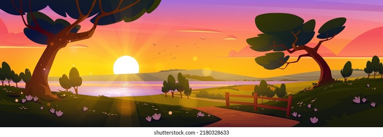 Cartoon nature landscape, summer sunset background with dirt road going along forest trees and green fields with flowers to lake under evening sky with fluffy clouds, scenery wood, Vector illustration