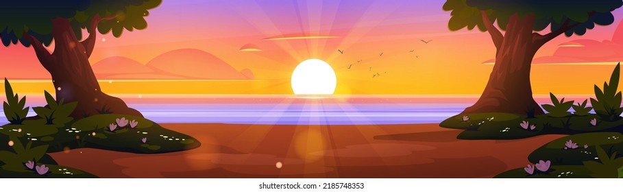 Cartoon nature landscape, summer sunset background with dirt road going along forest trees and green fields with flowers to lake under evening sky with fluffy clouds, scenery wood, Vector illustration