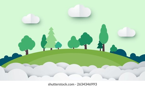 Cartoon Nature Landscape with Trees, Clouds, and Green Hills in Paper Cut Style