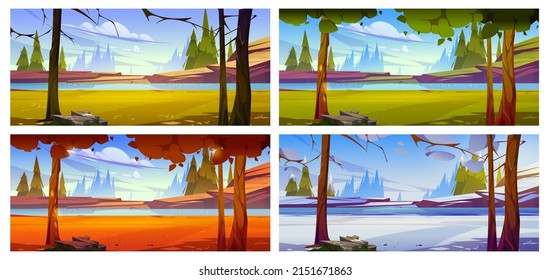 Cartoon nature landscape trees, rocks and river or lake at spring, summer, autumn and winter time. Scenery background at year seasons with pond and spruces natural scenes, Vector illustration, set