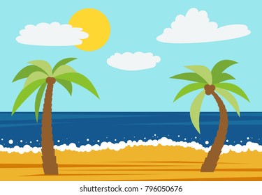 Cartoon nature landscape with two palms in the summer beach. Vector illustration.