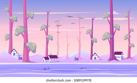 Cartoon Nature Landscape, unending background with soil, trees, mountains and cloudy sky and all elements EPS format are 100% vector and full customization.