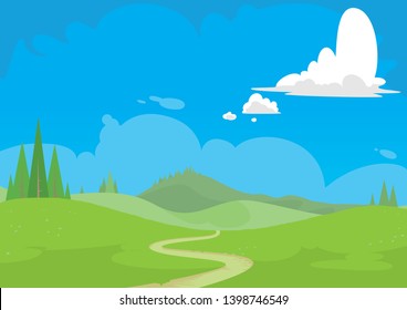 Cartoon Nature Landscape Vector Fairytale Children Illustration. Green hills and blue sky in the backround and a road in the center. Beatiful warm weather during the spring, summer season.