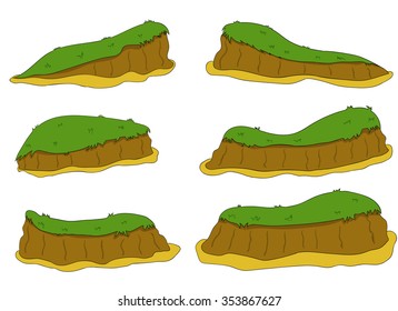 Cartoon nature landscape, vector unending background with ground, hills, river and sky layers. Game elemrnts 1