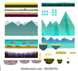 Cartoon nature landscape, vector unending background with ground, hills, river and sky layers. Game elements