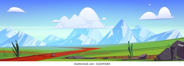 Cartoon nature mountain landscape with rural dirt road going along green field with grass and rocks. Path under blue sky with fluffy clouds, scenery summer background, day view, Vector illustration