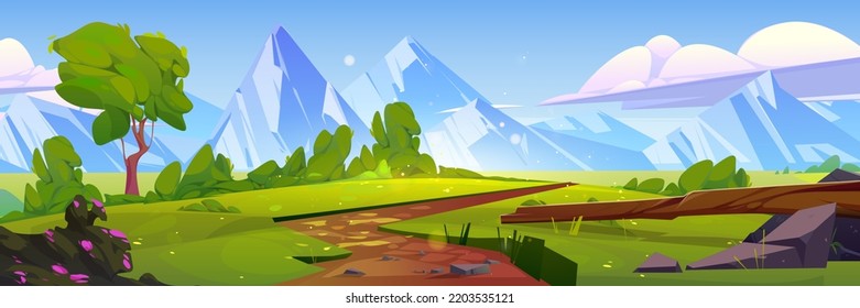 Cartoon nature mountain landscape with rural dirt road going along green field with grass and rocks under blue sky with fluffy clouds, scenery summer background, day time scene, Vector illustration