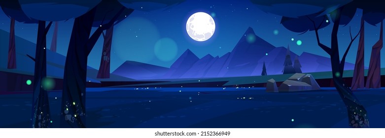 Cartoon nature night time landscape with rocks, trees, pond and field under full moon shining in starry sky. Mysterious scenery background with glowworms on dark meadow at twilight Vector illustration